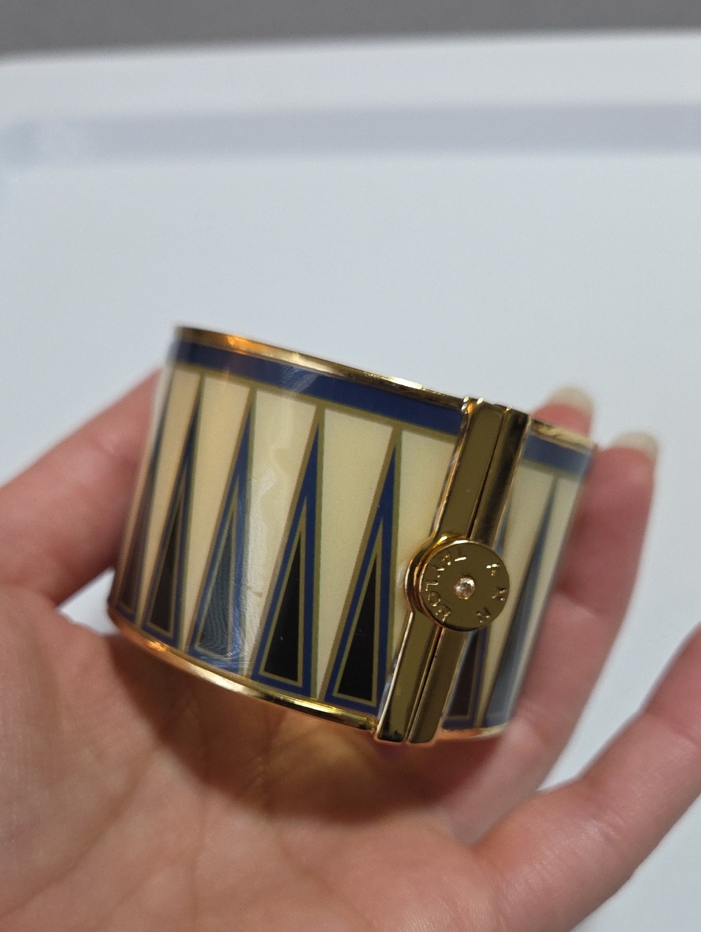 Ann Taylor Blue White Enamel Hinged Cuff Bracelet Gold Tone Geometric Wide
